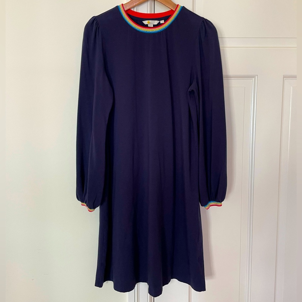 Boden Navy Swing Dress Jersey with rainbow cuffs US 8